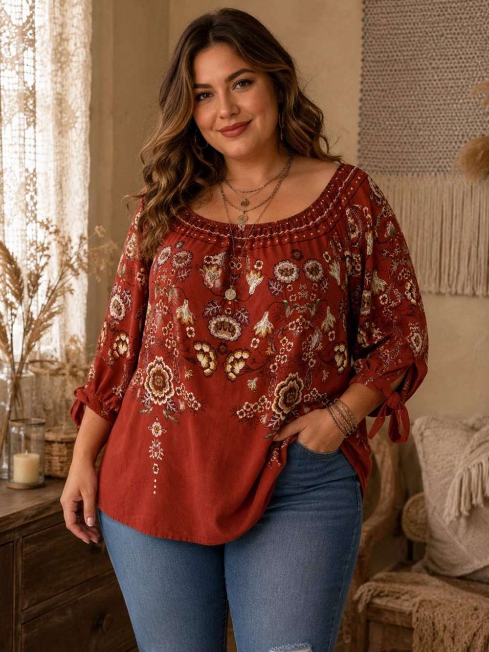 Naif Women’s 2X Boho Floral Peasant Blouse Rust Red Off Shoulder Cottagecore Top